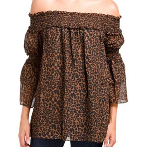 MAX STUDIO Off Shoulder Tier Sleeve Leopard Printed Top